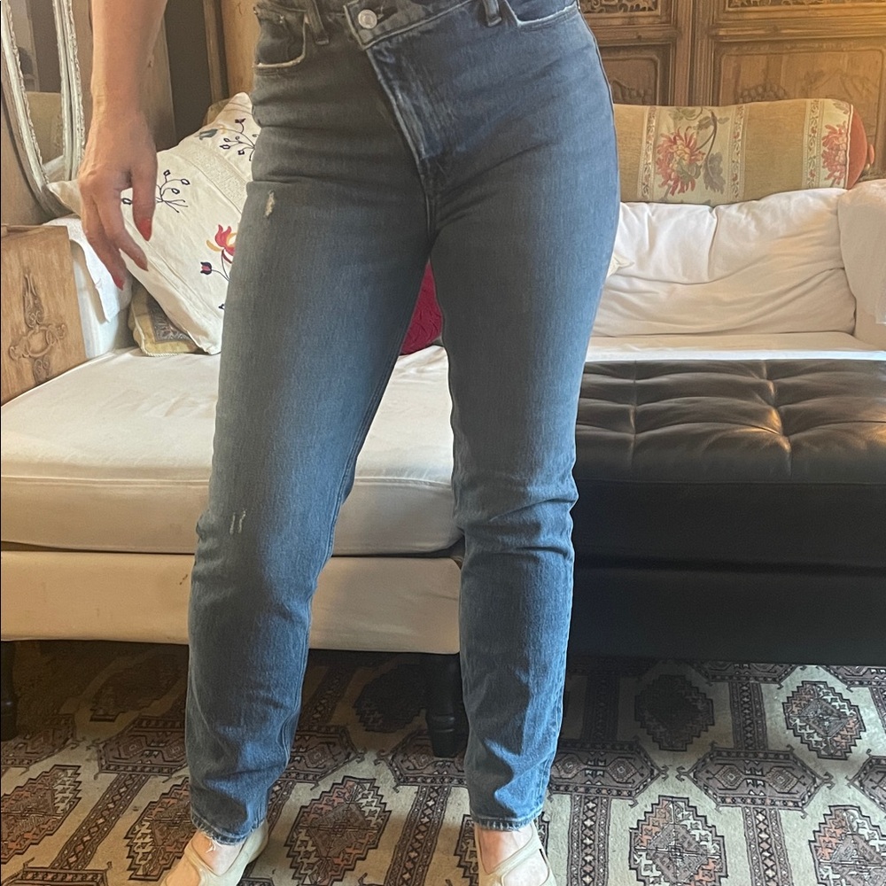 90s Straight Ultra High rise Blue Women's Jeans Cross Front Zip feature